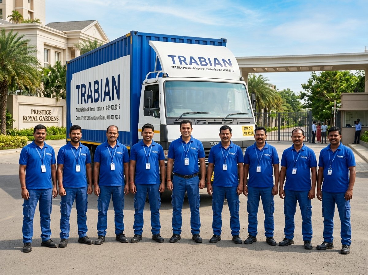 Professional relocation team carrying boxes
