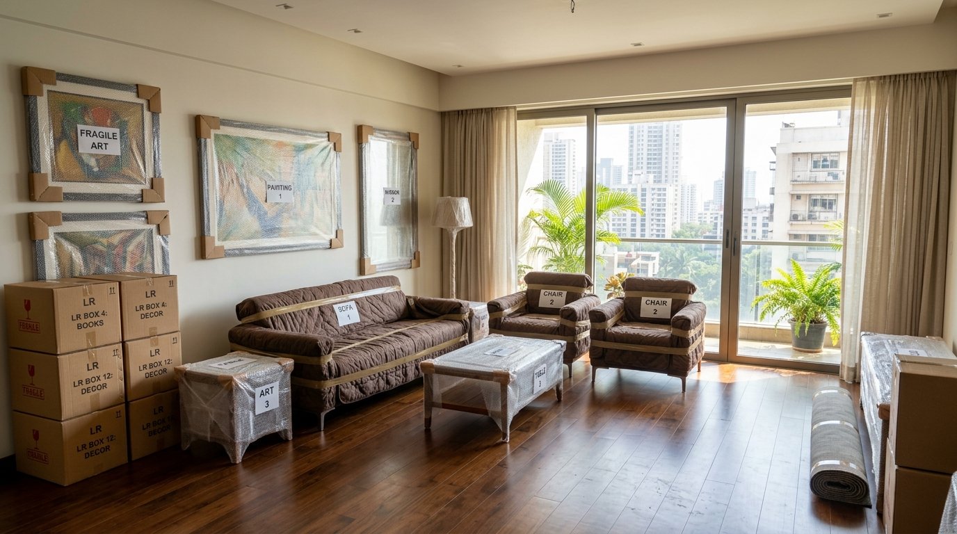 Premium living room packed for moving