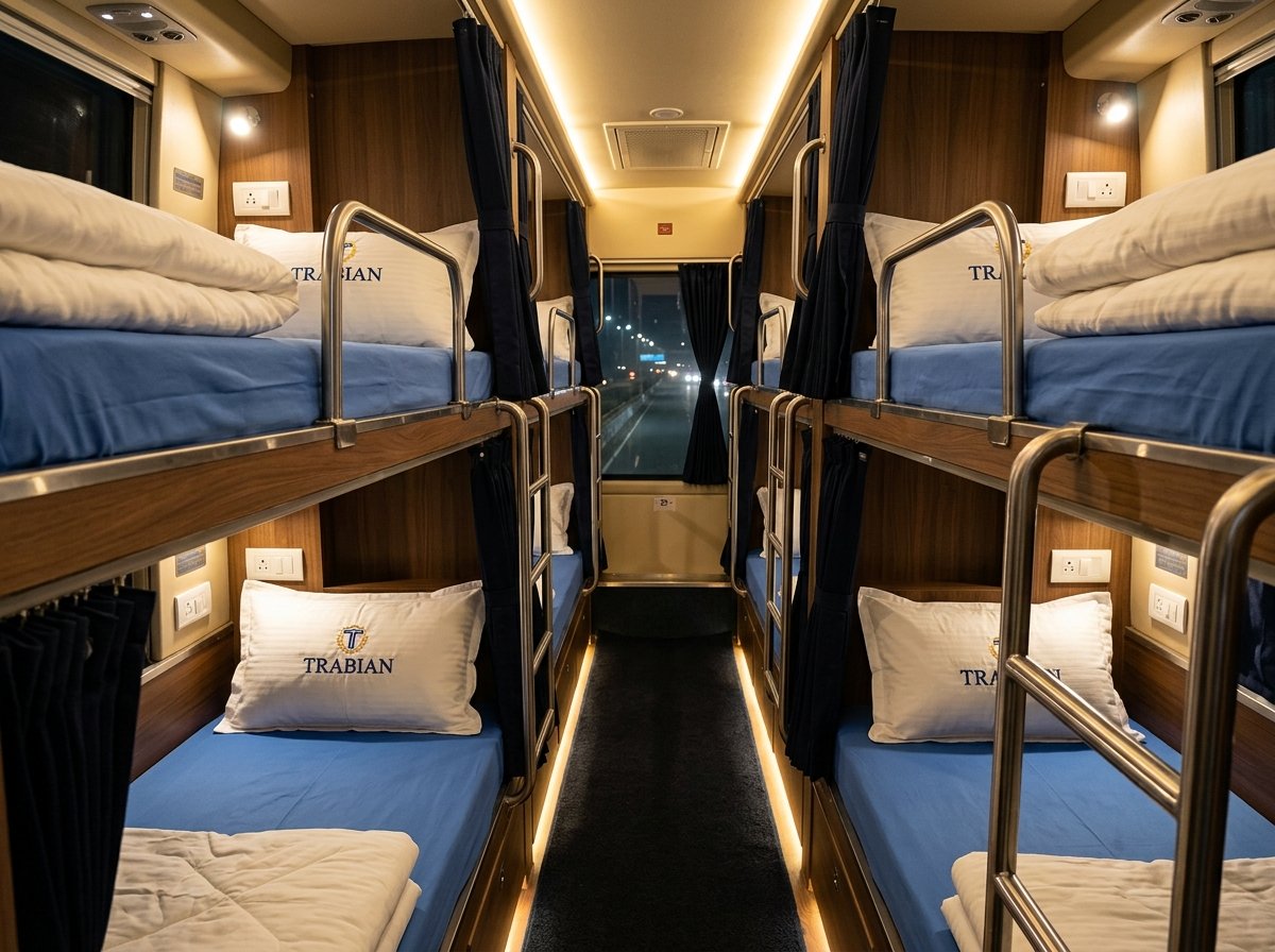 Trabian AC sleeper bus cabin interior with berths