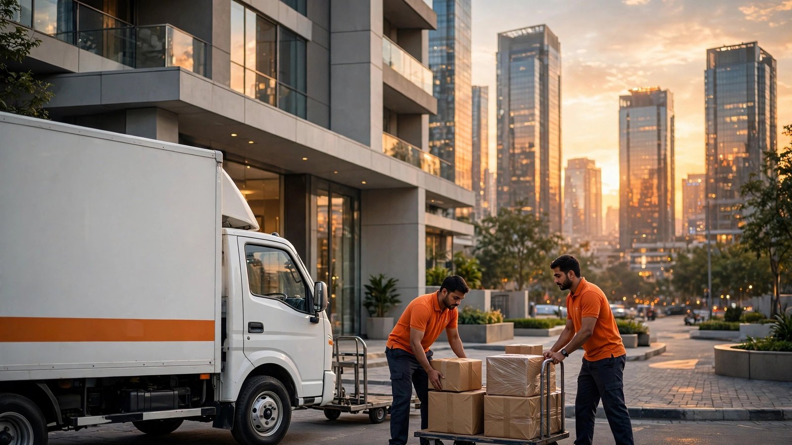Trabian crew unloading at a Gurgaon high-rise