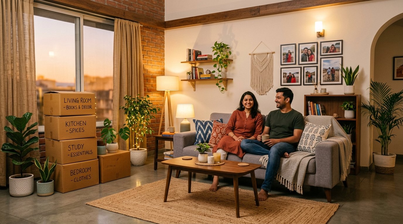 Happy couple unpacking boxes in a modern sunlit living room