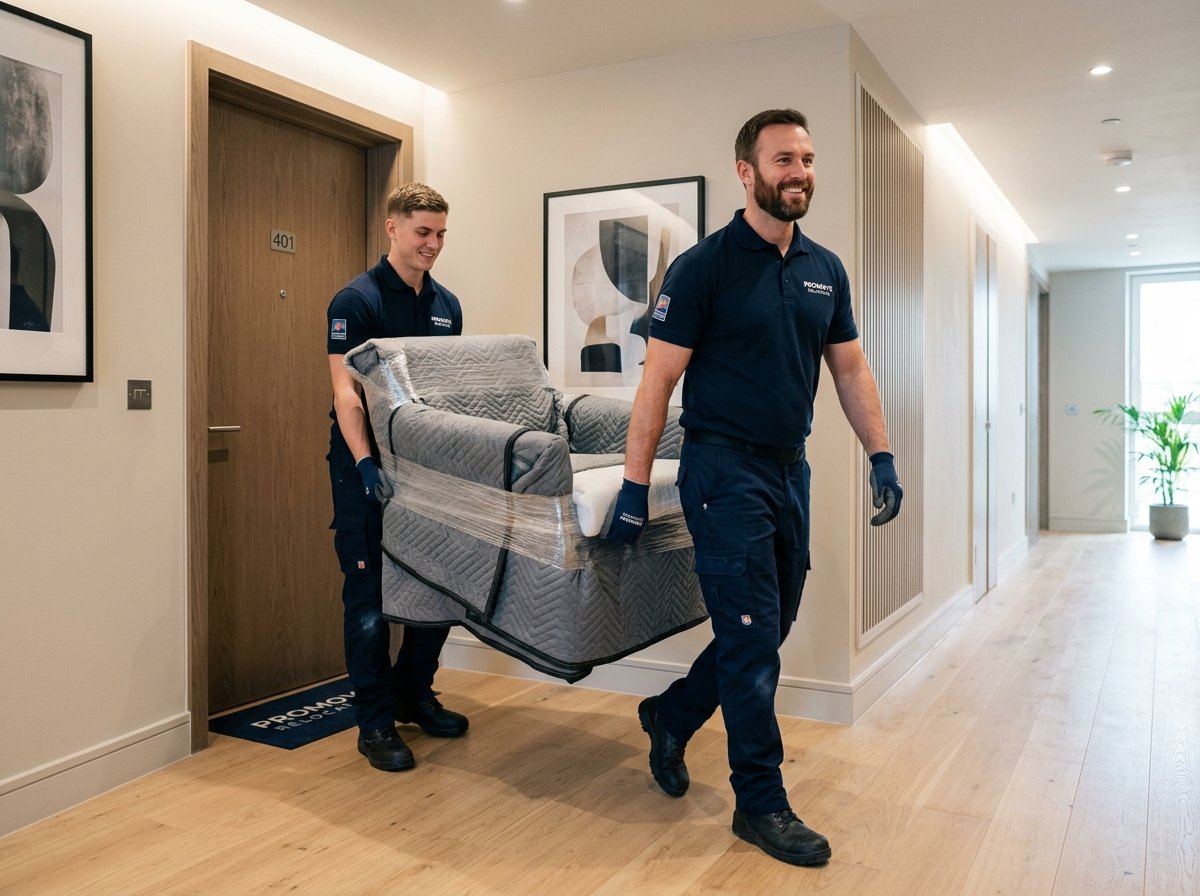 Two professional movers carefully carrying a sofa through a doorway