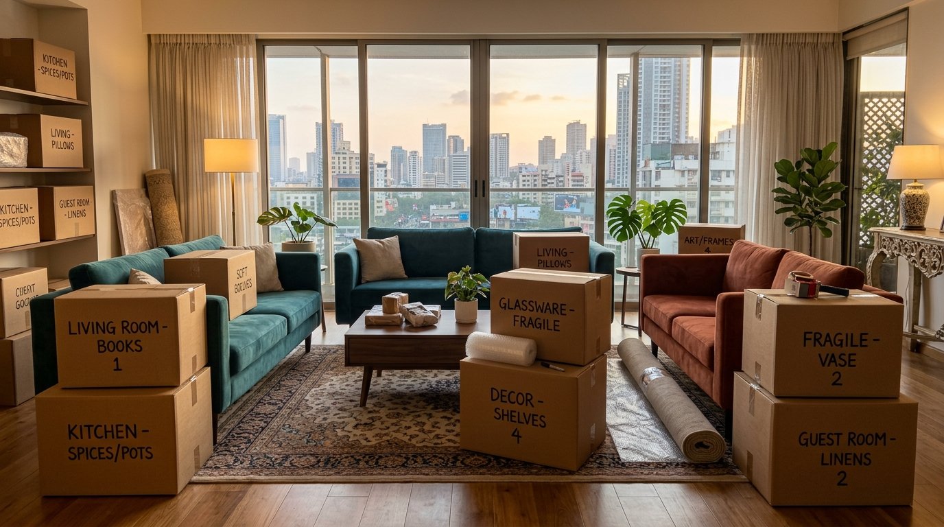 A bright modern living room with moving boxes neatly stacked, symbolizing a stress-free move