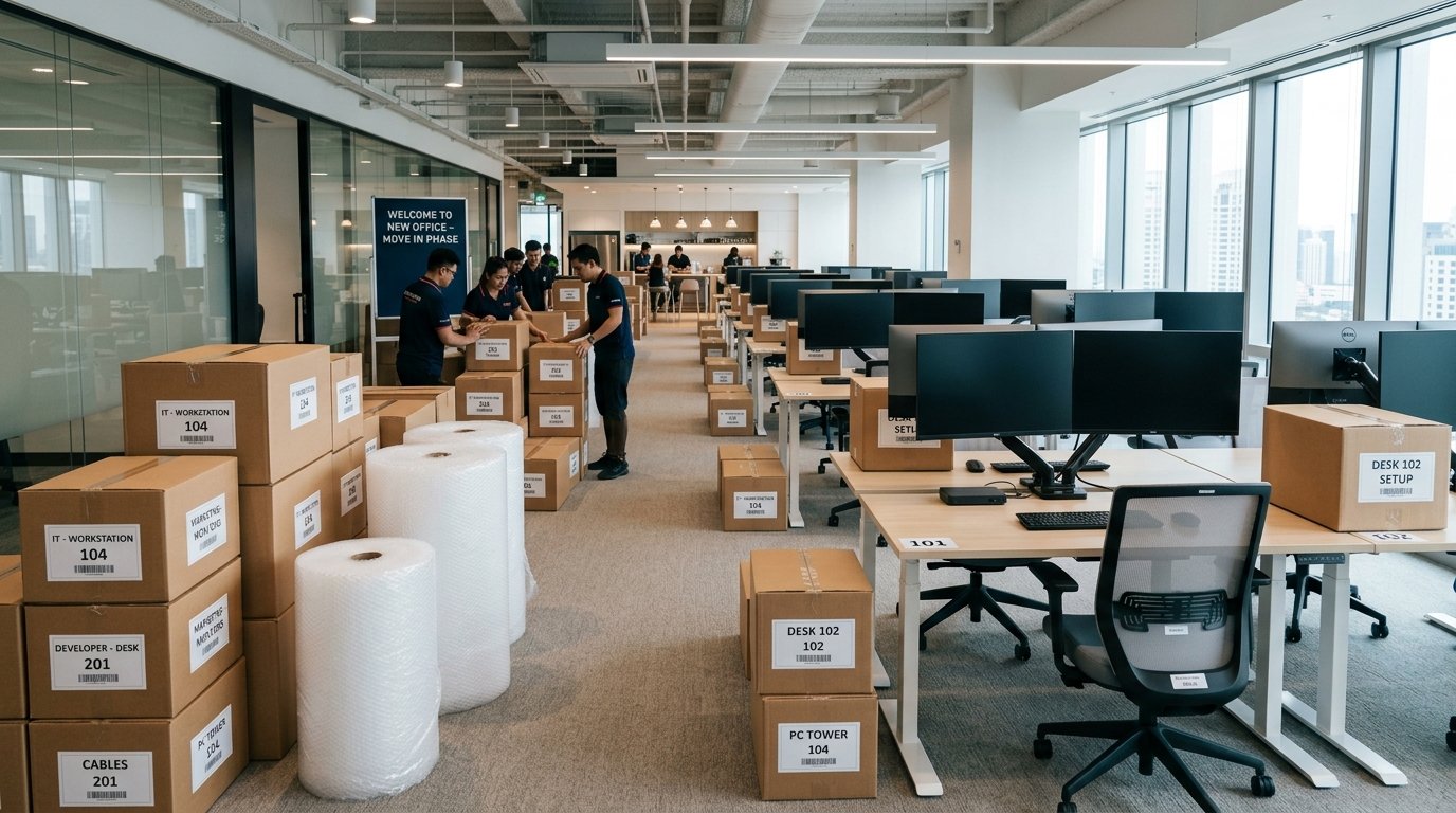 Organized office packing scene during relocation